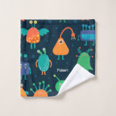 キッズおもしろいカラフルエイリアンパターンonブルーバスルーム バスタオルセット (ウォッシュタオル)