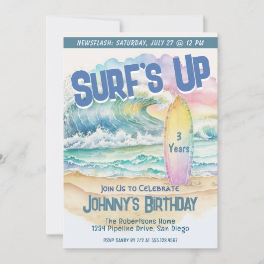 キッズおもしろいビーチパーティーサーフ誕生日招待状 招待状 (正面)