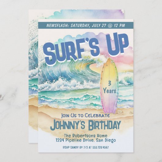 キッズおもしろいビーチパーティーサーフ誕生日招待状 招待状 (正面/裏面)