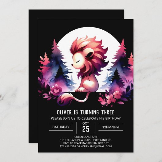 キッズおもしろいライオン誕生日 招待状 (正面/裏面)