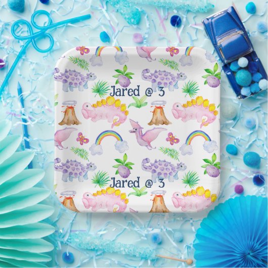 キッズおもしろい恐竜レインボーウォーターカラージャングル ペーパープレート (パーティー)