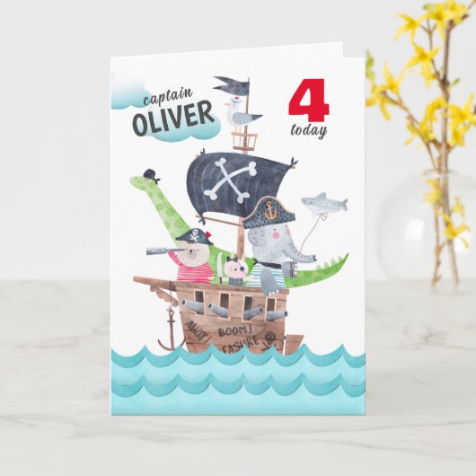 キッズおもしろい海賊動物誕生日挨拶 カード (黄色い花)