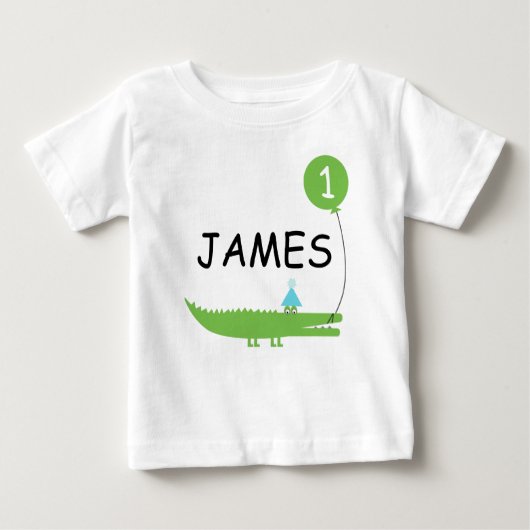 キッズかわいいアリゲーターとバルーン1歳の誕生日シャツ ベビーTシャツ (正面)