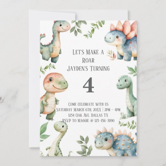 キッズかわいい恐竜をテーマにした誕生日パーティー 招待状 (正面)