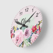 キッズかわいい水彩花のヴィンテージ ラウンド壁時計 (傾斜)