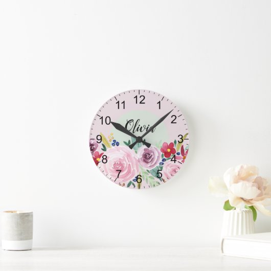 キッズかわいい水彩花のヴィンテージ ラウンド壁時計 (ホーム)