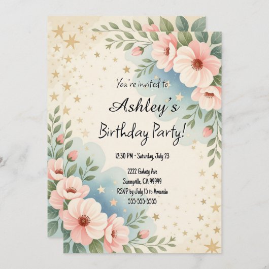 キッズかわいらし宇宙フラワーをテーマにした誕生日パーティー 招待状 (正面/裏面)