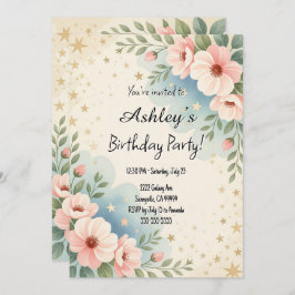 キッズかわいらし宇宙フラワーをテーマにした誕生日パーティー 招待状