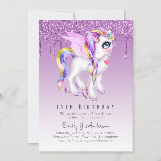 キッズの誕生日招待状 パープルのユニコーン デジタルオプション 招待状 (正面)