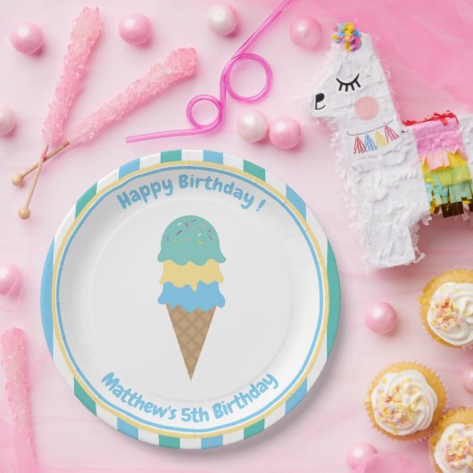 キッズアイスクリームパーティーブルーグリーンストライプズ ペーパープレート (パーティー)