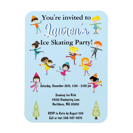 キッズアイススケートで滑る誕生日パーティーの招待 マグネット (縦)