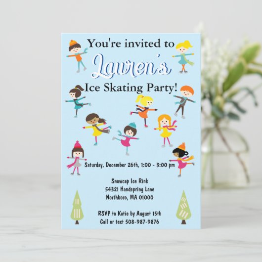 キッズアイススケートで滑る誕生日パーティーの招待 招待状 (スタンド正面)