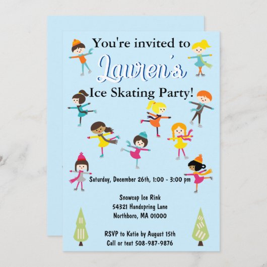 キッズアイススケートで滑る誕生日パーティーの招待 招待状 (正面/裏面)
