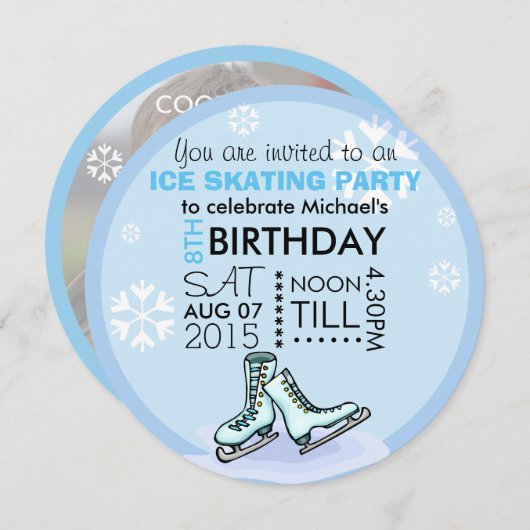 キッズアイススケートで滑る誕生日パーティー追加フォトカスタム 招待状 (正面/裏面)