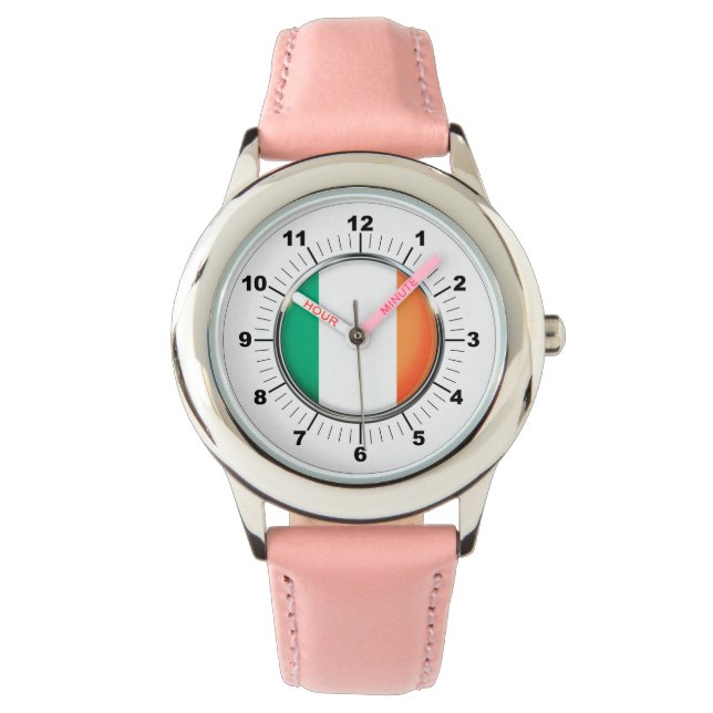 キッズアイルランド国旗ピンクレザーストラップウォッチ 腕時計 (正面)