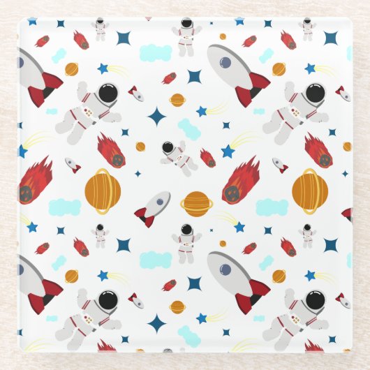 キッズアウタースペース&宇宙飛行士パターン ガラスコースター (正面)