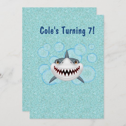 キッズアクアグリッターシャークパーティの招待状 招待状 (正面/裏面)