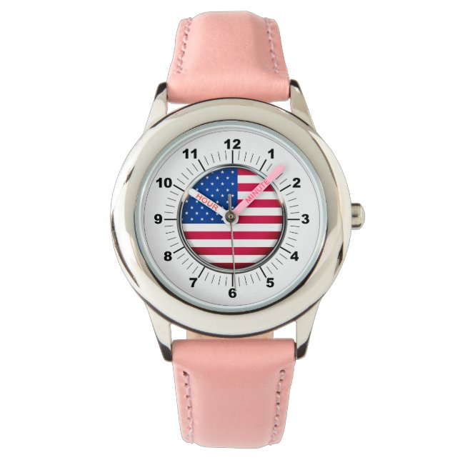 キッズアメリカ国旗ステンレススチールピンクレザーストラップ 腕時計 (正面)