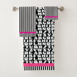 キッズアルファベッストライプトブラックピンク バスタオルセット