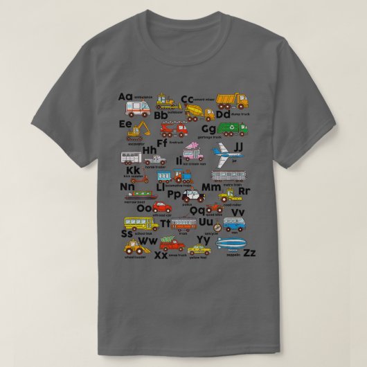 キッズアルファベット車ABCアッパーロワーケース学 Tシャツ (デザイン正面)
