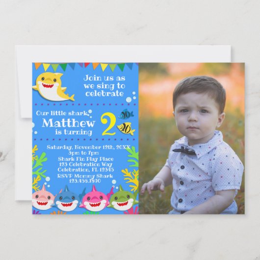 キッズイエローシャーク誕生日写真招待状 招待状 (正面)