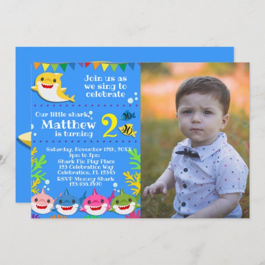 キッズイエローシャーク誕生日写真招待状 招待状 (正面/裏面)