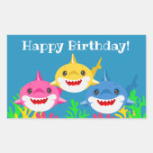 キッズイエローシャーク&ファミリー誕生日長方形S 長方形シール (正面)