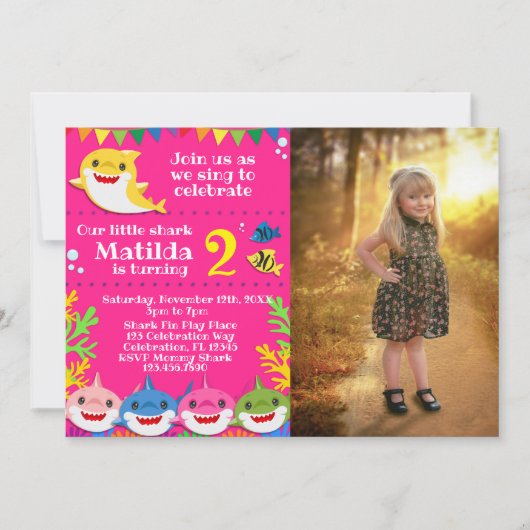 キッズイエローレインボーシャーク誕生日写真招待 招待状 (正面)