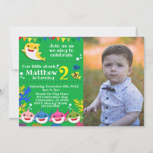 キッズイエローレインボーシャーク誕生日写真 招待状 (正面)