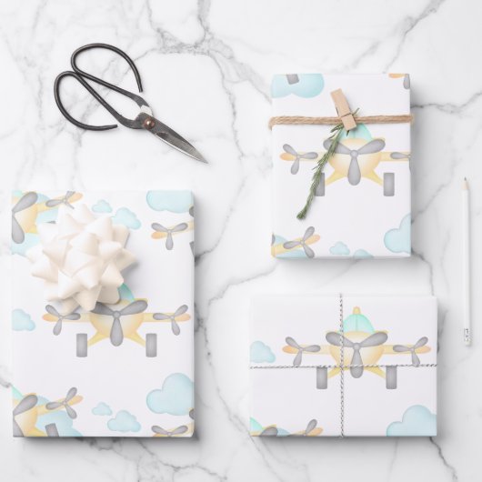 キッズイエロー航空飛んでいる誕生日 ラッピングペーパーシート (正面)