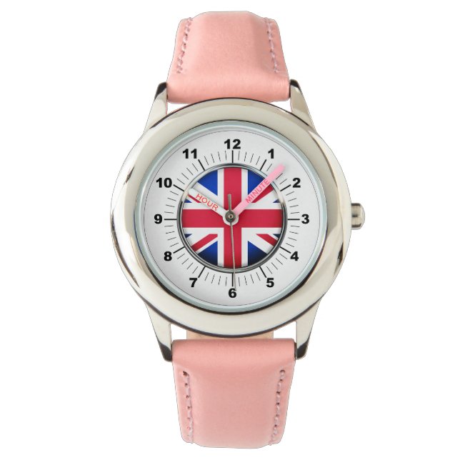 キッズイギリス国旗のピンクレザーストラップウォッチ 腕時計 (正面)