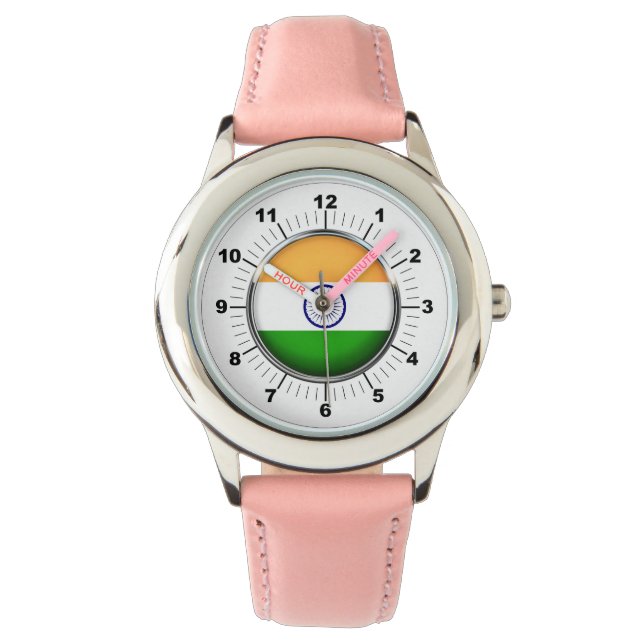 キッズインド国旗のピンクレザーストラップウォッチ 腕時計 (正面)