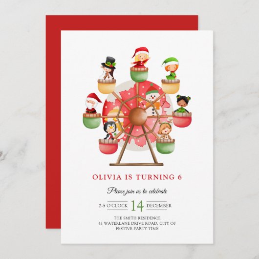 キッズウィンターワンダーランドフェリスホイールクリスマス誕生日 招待状 (正面/裏面)