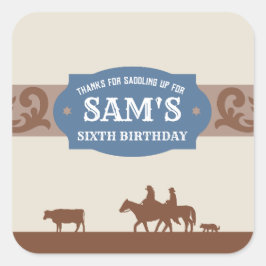 キッズウェスタン誕生日パーティーブルー/ブラウンありがとう スクエアシール