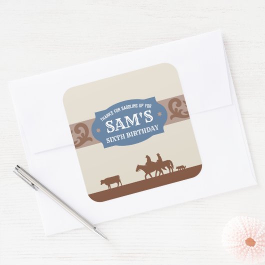 キッズウェスタン誕生日パーティーブルー/ブラウンありがとう スクエアシール (封筒)