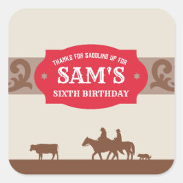 キッズウェスタン誕生日パーティー赤/茶色ありがとう スクエアシール