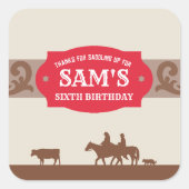 キッズウェスタン誕生日パーティー赤/茶色ありがとう スクエアシール (正面)