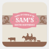 キッズウェスタン誕生日パーティーPink/Brownありがとう スクエアシール (正面)