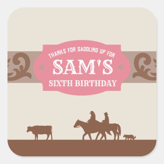 キッズウェスタン誕生日パーティーPink/Brownありがとう スクエアシール (正面)