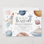 キッズウォーターカラーアウタースペース誕生日パーティー 招待状 (正面)