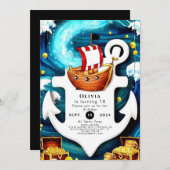 キッズウォーターカラーアホイパイレーツ誕生日 招待状 (正面/裏面)