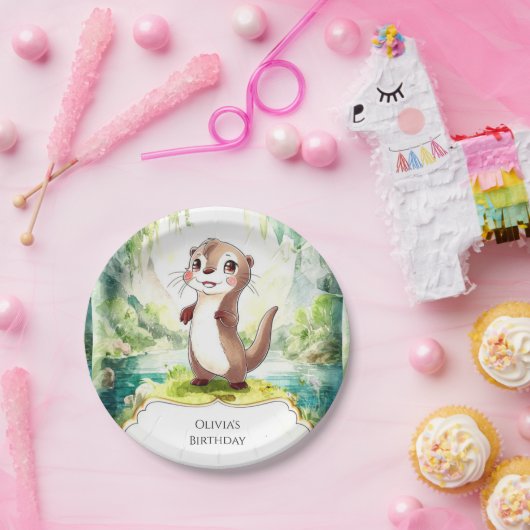 キッズウォーターカラーオッター誕生日 ペーパープレート (パーティー)