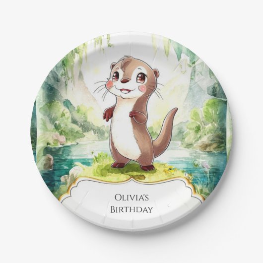 キッズウォーターカラーオッター誕生日 ペーパープレート (正面)