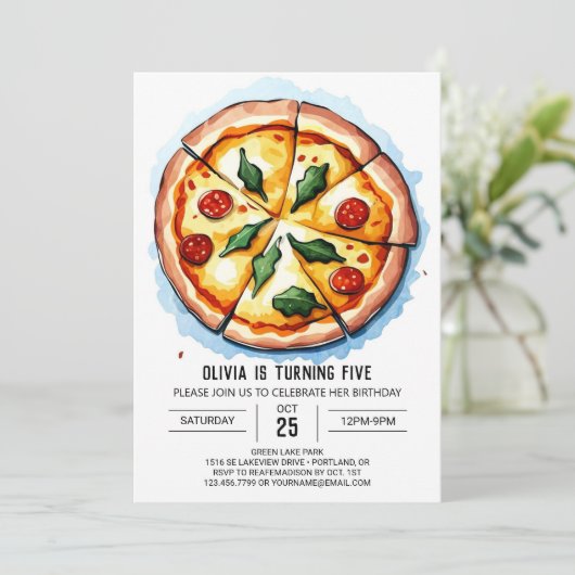 キッズウォーターカラーピザ誕生日 招待状 (スタンド正面)