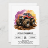 キッズウォーターカラーモンスタートラック誕生日 招待状 (正面/裏面)