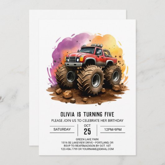 キッズウォーターカラーモンスタートラック誕生日 招待状 (正面/裏面)
