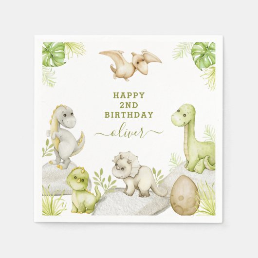 キッズウォーターカラー恐竜の誕生日パーティー スタンダードカクテルナプキン (正面)