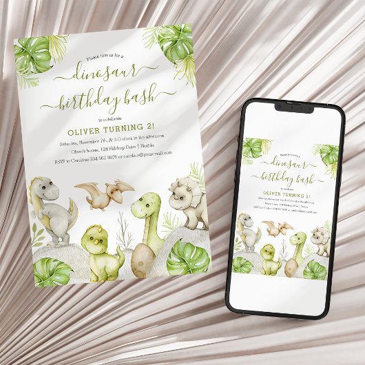 キッズウォーターカラー恐竜の誕生日パーティー 招待状