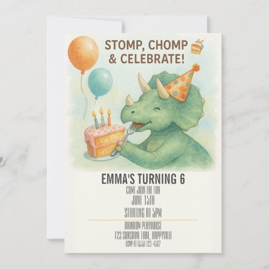 キッズウォーターカラー恐竜誕生日招待状 招待状 (正面)