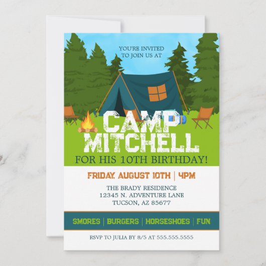 キッズウッドランドバックヤードキャンプアウト誕生日 招待状 (正面)